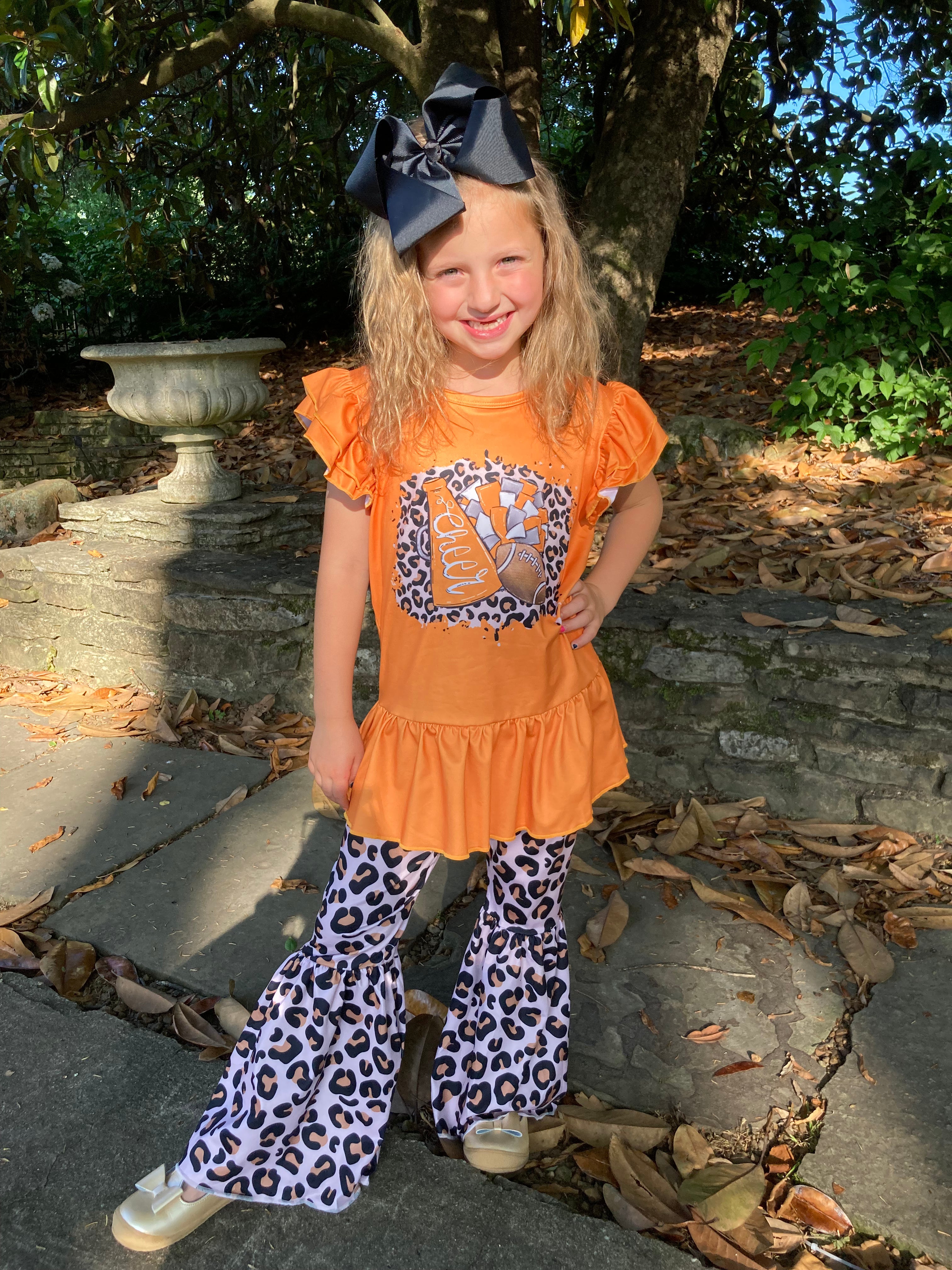 Orange & White Leopard Cheer Bell Pant Set