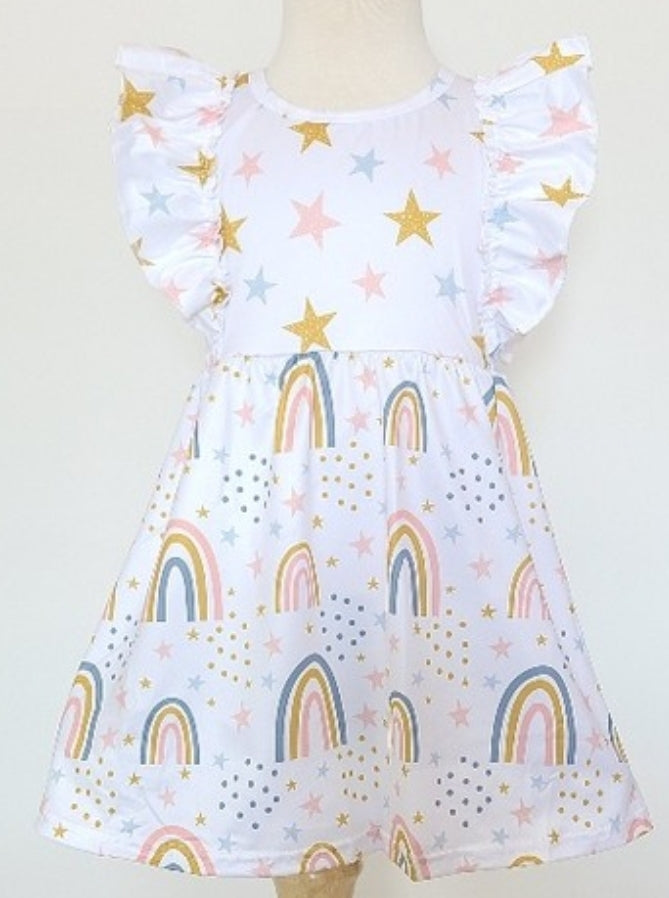 Starry Rainbow Flutter Sleeve Dress